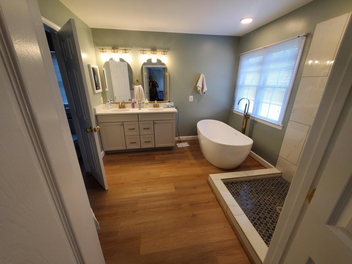 Marble tile tub surround mid-renovation - Bradie's Custom Construction, Fredericksburg VA